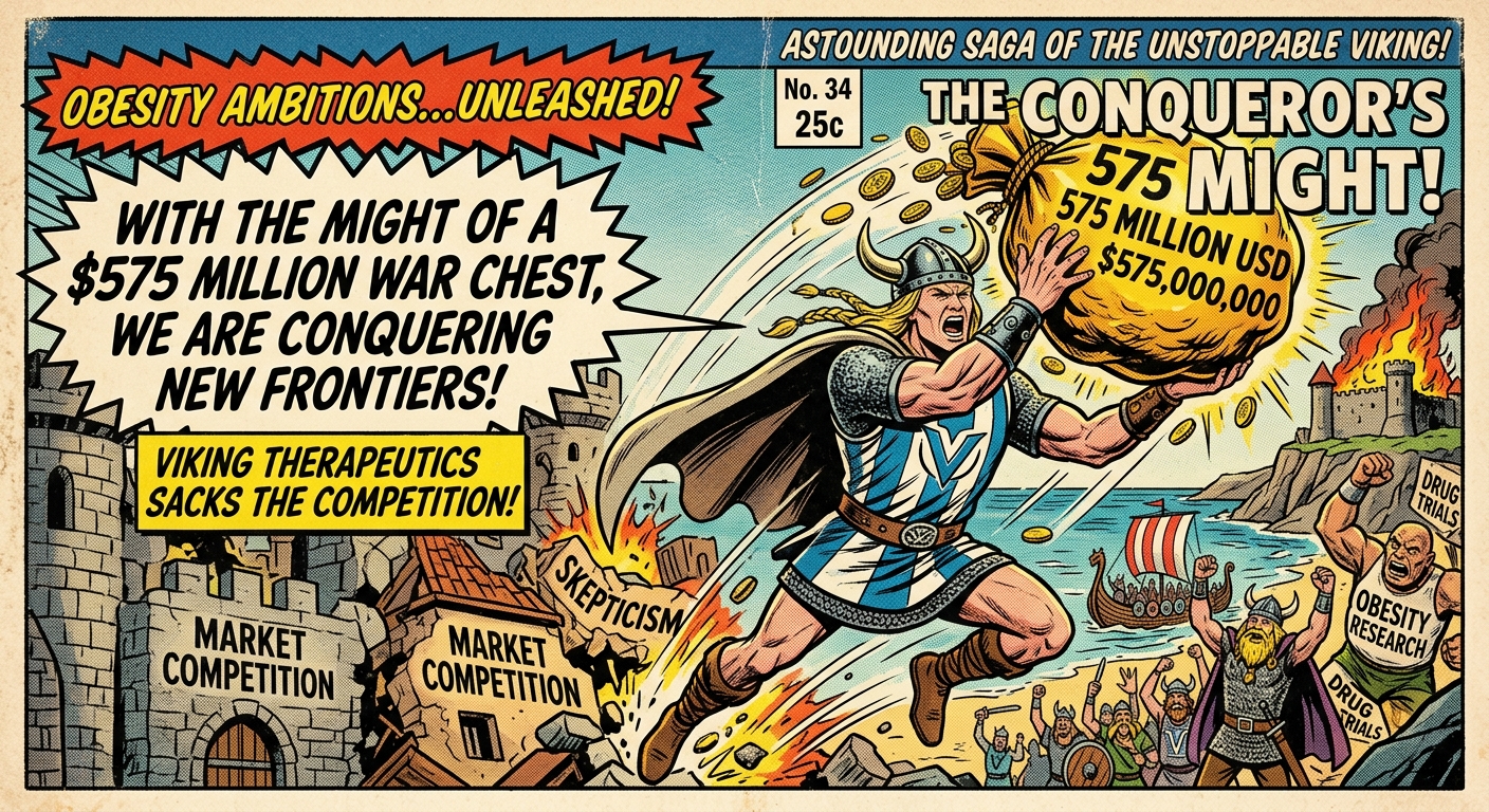 Vintage comic-style illustration of a Viking warrior holding a $575 million money bag, symbolizing Viking Therapeutics’ obesity drug development ambitions.