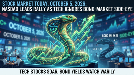 Illustration of a glowing green Nasdaq-themed cobra rising beside upward stock-market charts on a trading floor, representing the October 5, 2026 technology-led market rally as investors look past higher Treasury yields and a cautious bond market.