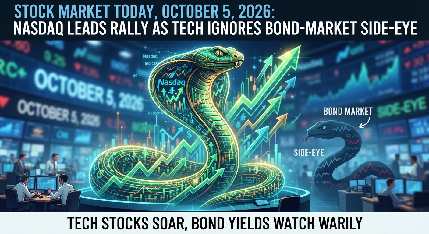 Illustration of a glowing green Nasdaq-themed cobra rising beside upward stock-market charts on a trading floor, representing the October 5, 2026 technology-led market rally as investors look past higher Treasury yields and a cautious bond market.