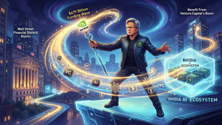 Stylized illustration of NVIDIA CEO Jensen Huang on Wall Street, surrounded by glowing AI chips, venture capital symbols and a $679 billion funding wave flowing toward an NVIDIA AI ecosystem