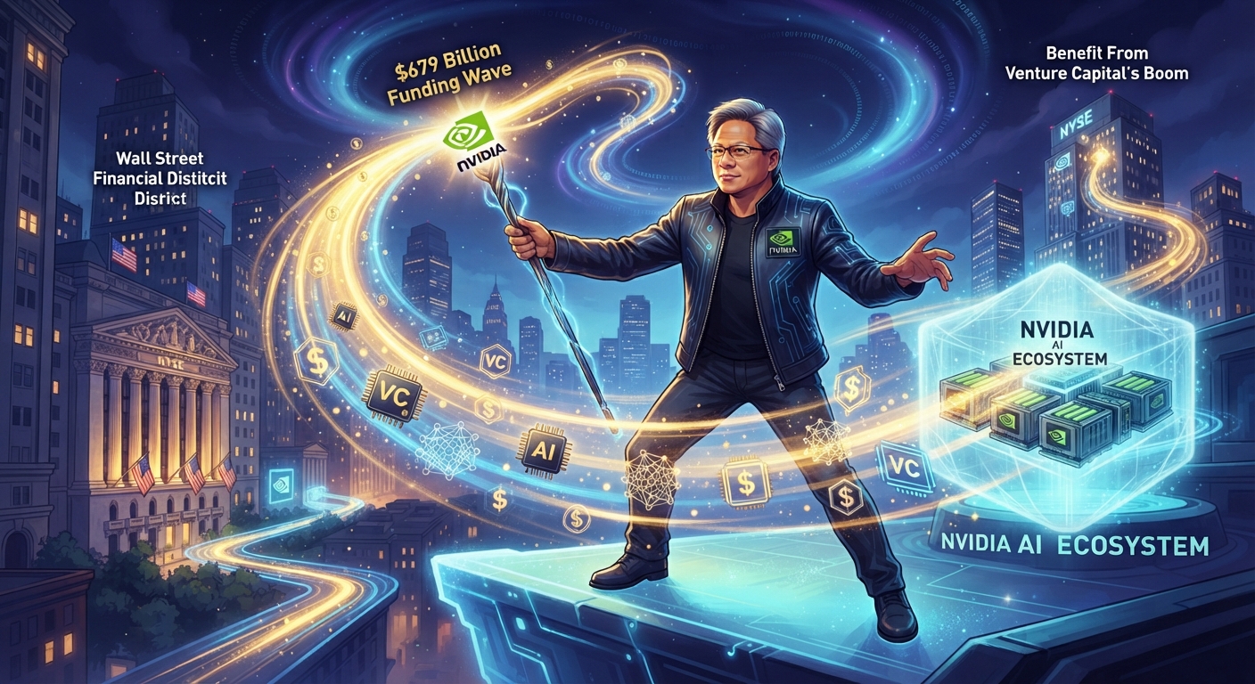 Stylized illustration of NVIDIA CEO Jensen Huang on Wall Street, surrounded by glowing AI chips, venture capital symbols and a $679 billion funding wave flowing toward an NVIDIA AI ecosystem