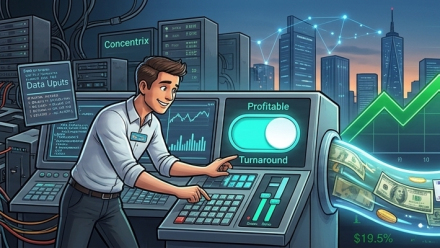 Illustration of Concentrix’s AI transformation, with an operator switching on a turnaround machine, cash flowing through a tube and an upward green arrow contrasting with a declining stock chart.