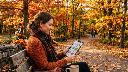 Woman reviewing stock market charts on a tablet while sitting on a park bench surrounded by colorful autumn foliage