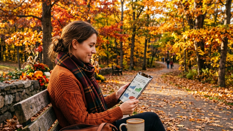 Woman reviewing stock market charts on a tablet while sitting on a park bench surrounded by colorful autumn foliage