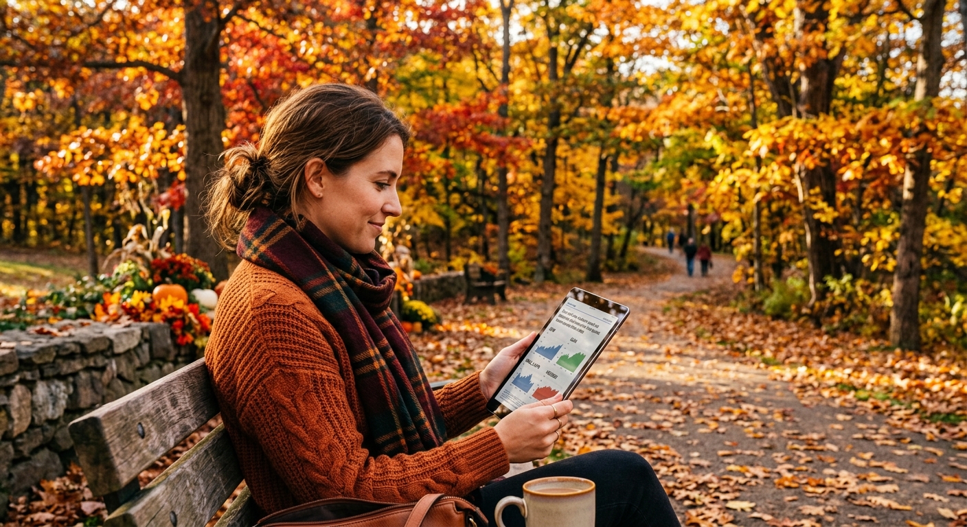 Woman reviewing stock market charts on a tablet while sitting on a park bench surrounded by colorful autumn foliage