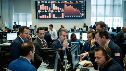 AI-generated illustration of concerned traders monitoring computer screens beneath a falling stock market chart
