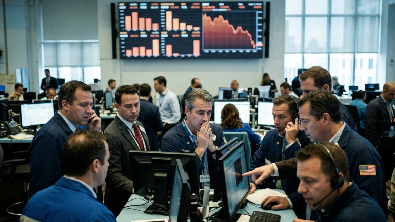 AI-generated illustration of concerned traders monitoring computer screens beneath a falling stock market chart
