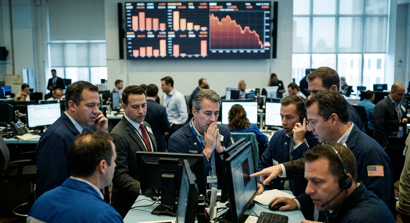 AI-generated illustration of concerned traders monitoring computer screens beneath a falling stock market chart