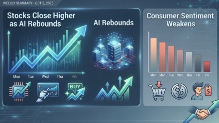 October 9, 2026 weekly market summary illustration showing rising stock charts, AI servers, and declining consumer sentiment bars