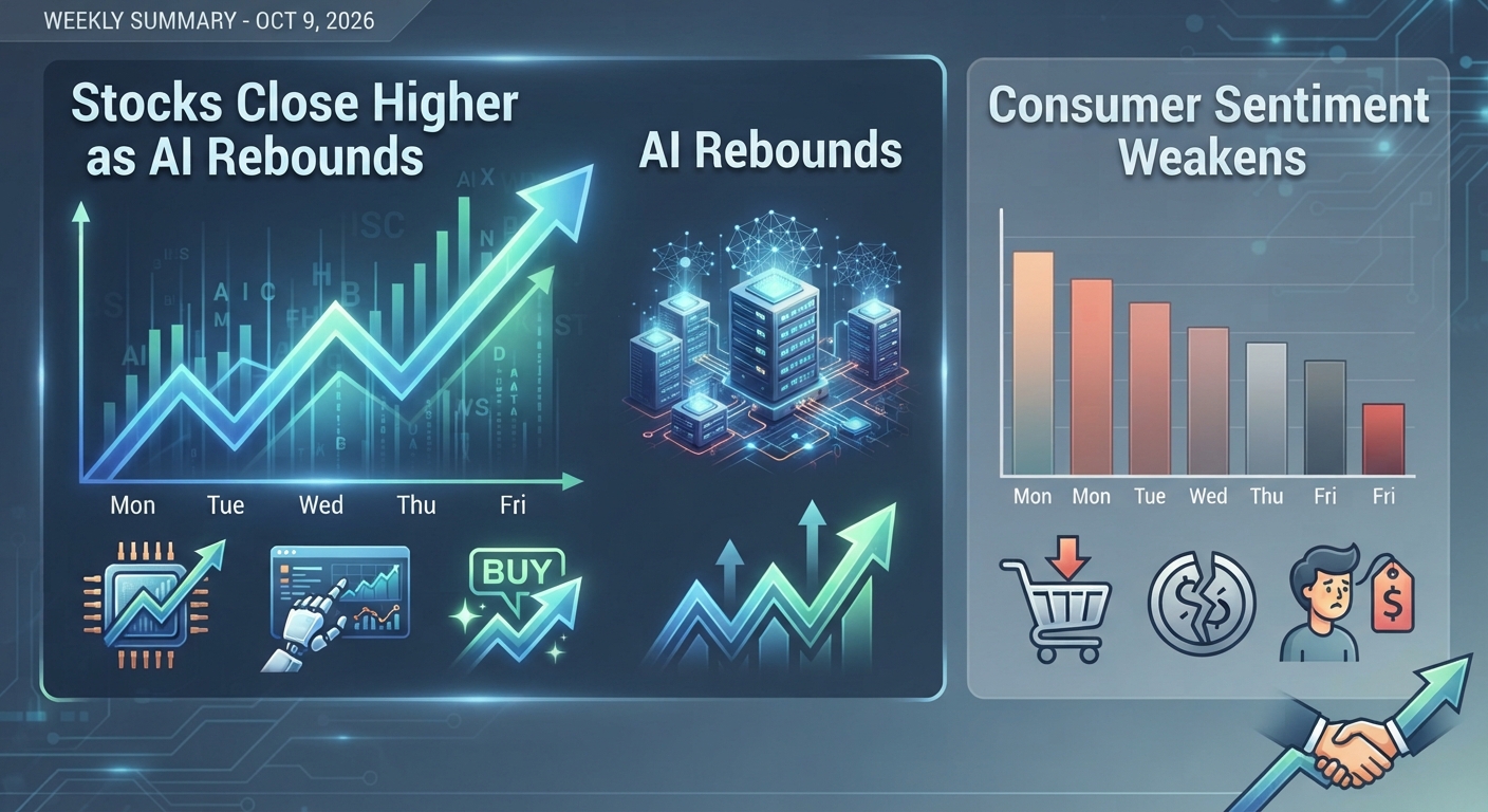 October 9, 2026 weekly market summary illustration showing rising stock charts, AI servers, and declining consumer sentiment bars