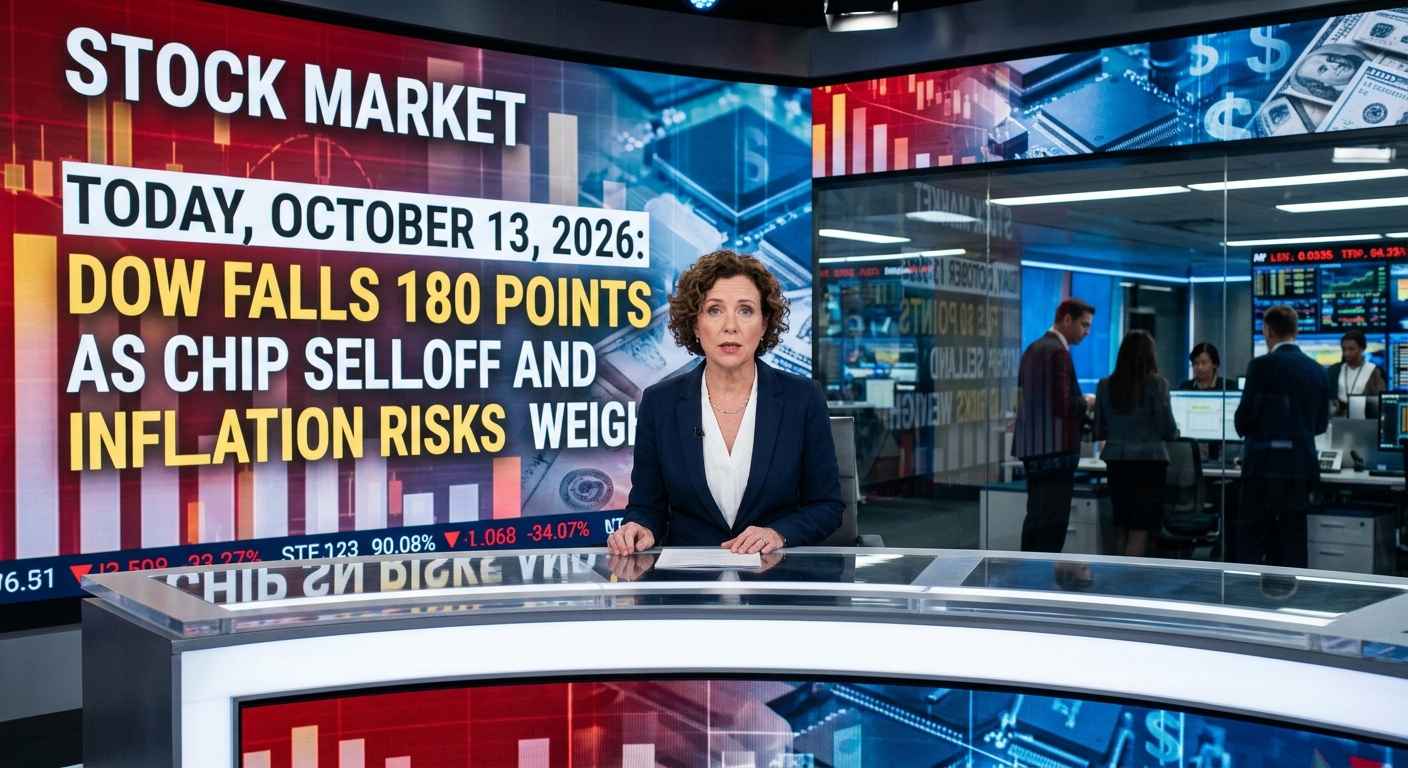News anchor at a studio desk beside an October 13, 2026, stock market headline about the Dow falling 180 points amid a chip selloff and inflation risks.