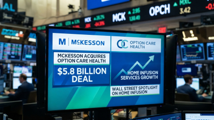 Trading-floor monitor displaying McKesson and Option Care Health logos, a $5.8 billion deal headline and an upward arrow representing home infusion growth.
