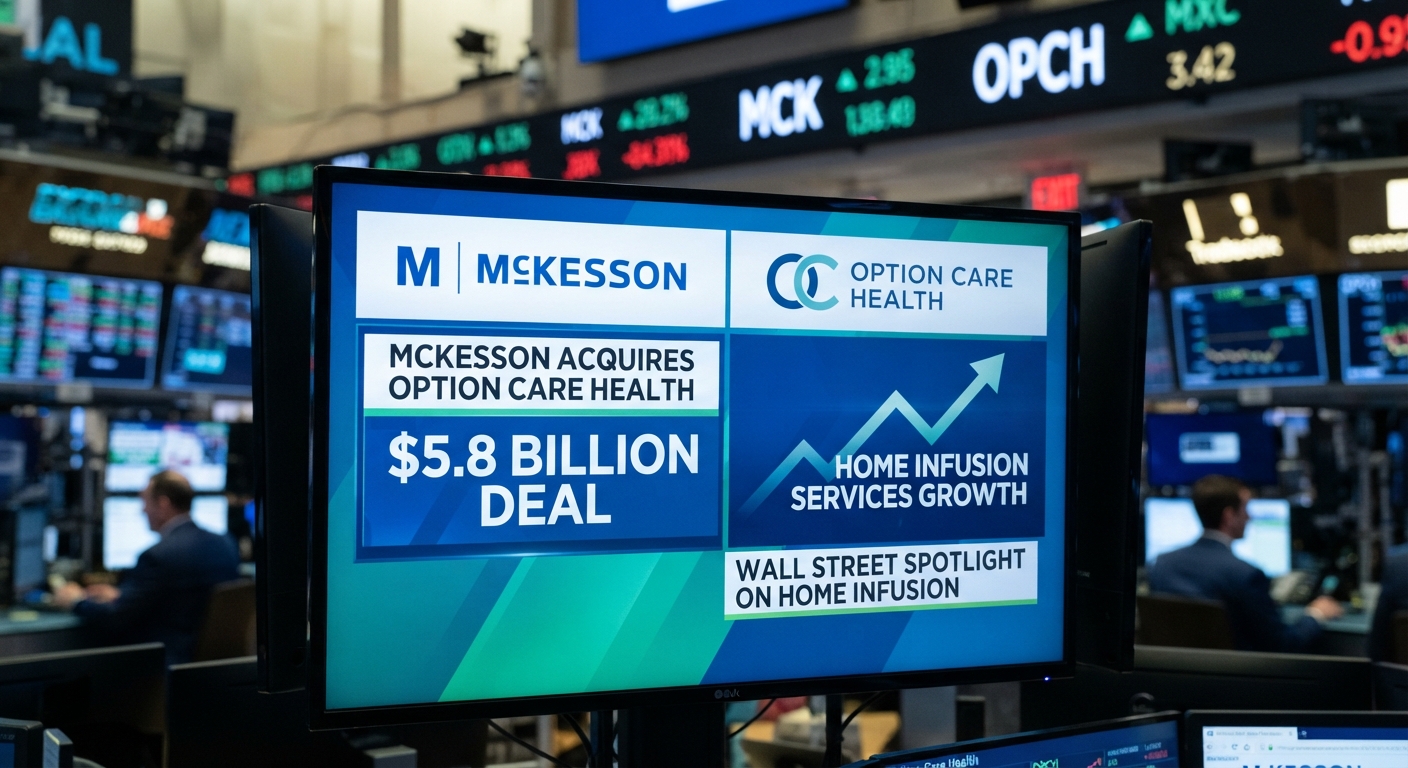 Trading-floor monitor displaying McKesson and Option Care Health logos, a $5.8 billion deal headline and an upward arrow representing home infusion growth.
