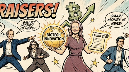Comic-style illustration titled “The Fund-Raisers!” showing investors, a biotech innovation globe, a Forbion shield and laboratories, with a speech bubble announcing “2.6 billion raised.”