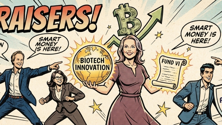 Comic-style illustration titled “The Fund-Raisers!” showing investors, a biotech innovation globe, a Forbion shield and laboratories, with a speech bubble announcing “2.6 billion raised.”