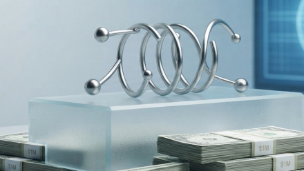 Conceptual illustration of a spring-shaped medical implant on a pedestal, surrounded by stacks of cash, with a Zenflow logo and medical displays in the background.