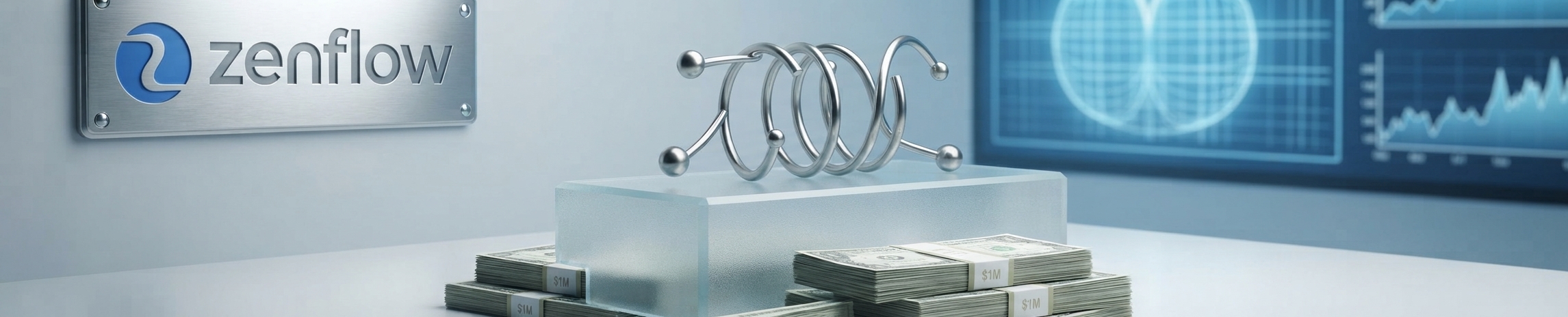 Conceptual illustration of a spring-shaped medical implant on a pedestal, surrounded by stacks of cash, with a Zenflow logo and medical displays in the background.