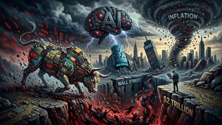 Illustration of a circuit-covered Wall Street bull above a market chasm, beneath an AI brain and inflation tornado, with a $2 trillion label.