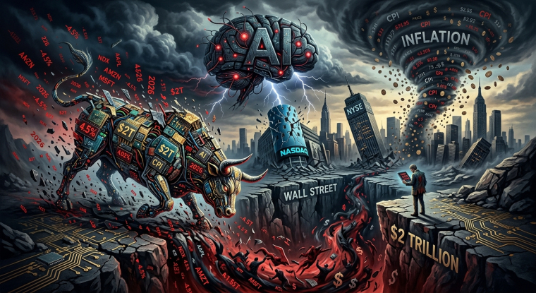 Illustration of a circuit-covered Wall Street bull above a market chasm, beneath an AI brain and inflation tornado, with a $2 trillion label.