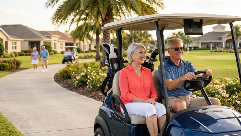 Smiling older couple riding a golf cart through a landscaped retirement community with palm trees, homes and walking paths.