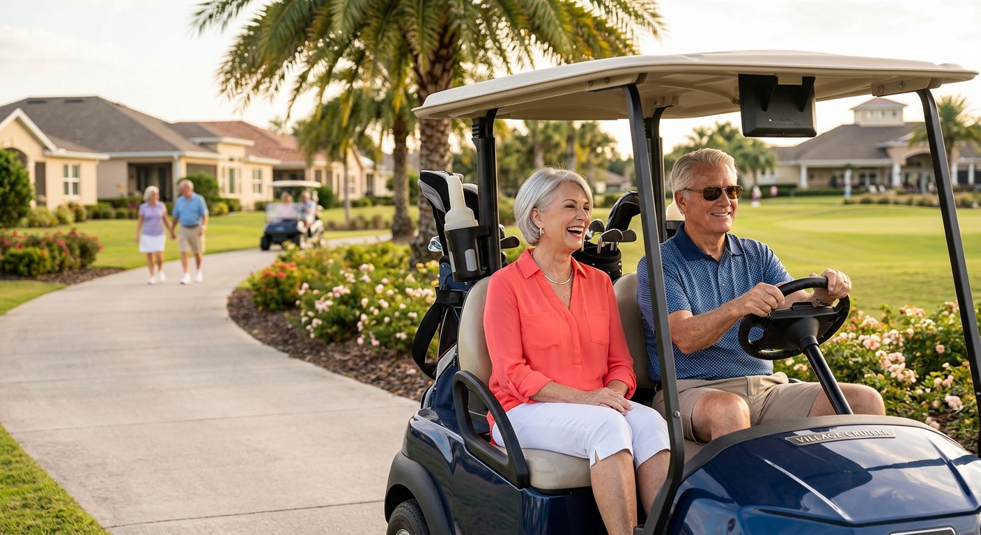 Smiling older couple riding a golf cart through a landscaped retirement community with palm trees, homes and walking paths.