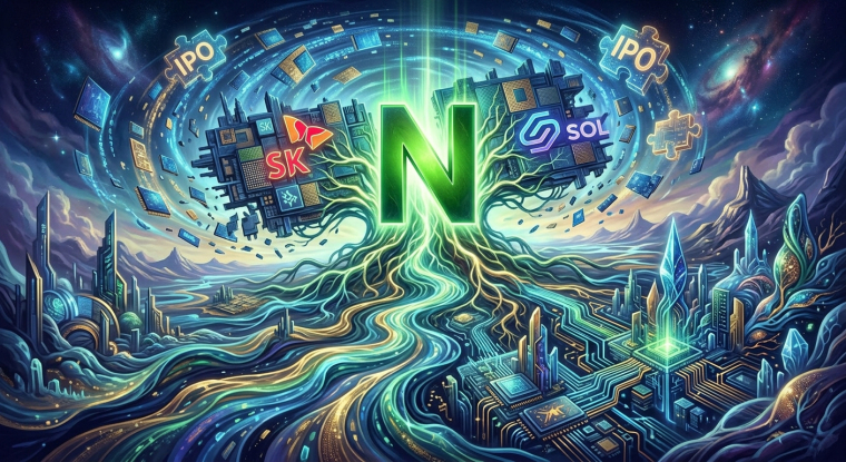 Futuristic illustration of a glowing green N linked to SK- and SOL-branded chips, with floating IPO puzzle pieces and circuit-like rivers flowing toward AI data center cities.