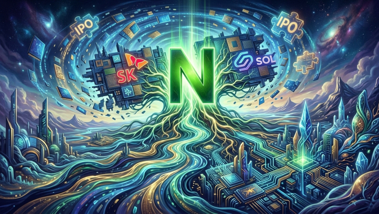 Futuristic illustration of a glowing green N linked to SK- and SOL-branded chips, with floating IPO puzzle pieces and circuit-like rivers flowing toward AI data center cities.