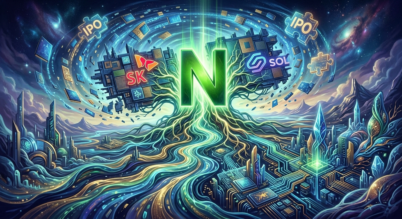 Futuristic illustration of a glowing green N linked to SK- and SOL-branded chips, with floating IPO puzzle pieces and circuit-like rivers flowing toward AI data center cities.