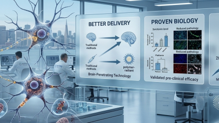 Conceptual Serina Therapeutics laboratory illustration with neurons, drug-delivery imagery and a display highlighting a potential 2027 clinical milestone.