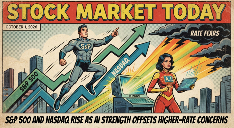 Retro comic-book illustration for the October 1, 2026 stock market update, showing an S&P 500 superhero and an AI-powered Nasdaq heroine beside rising market arrows, with storm clouds labeled “Rate Fears” and the headline: “S&P 500 and Nasdaq rise as AI strength offsets higher-rate concerns.”