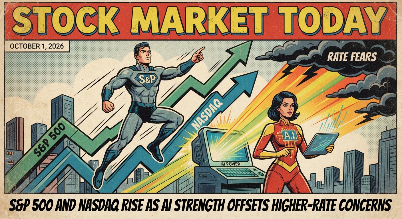 Retro comic-book illustration for the October 1, 2026 stock market update, showing an S&P 500 superhero and an AI-powered Nasdaq heroine beside rising market arrows, with storm clouds labeled “Rate Fears” and the headline: “S&P 500 and Nasdaq rise as AI strength offsets higher-rate concerns.”
