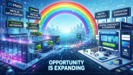 Illustration showing Meta Platforms (NASDAQ: META) AI data centers and NVIDIA Corp. (NASDAQ: NVDA) AI infrastructure connected by a rainbow-like digital pathway to an AI-powered online shopping and checkout ecosystem, symbolizing expanding AI investment opportunities.