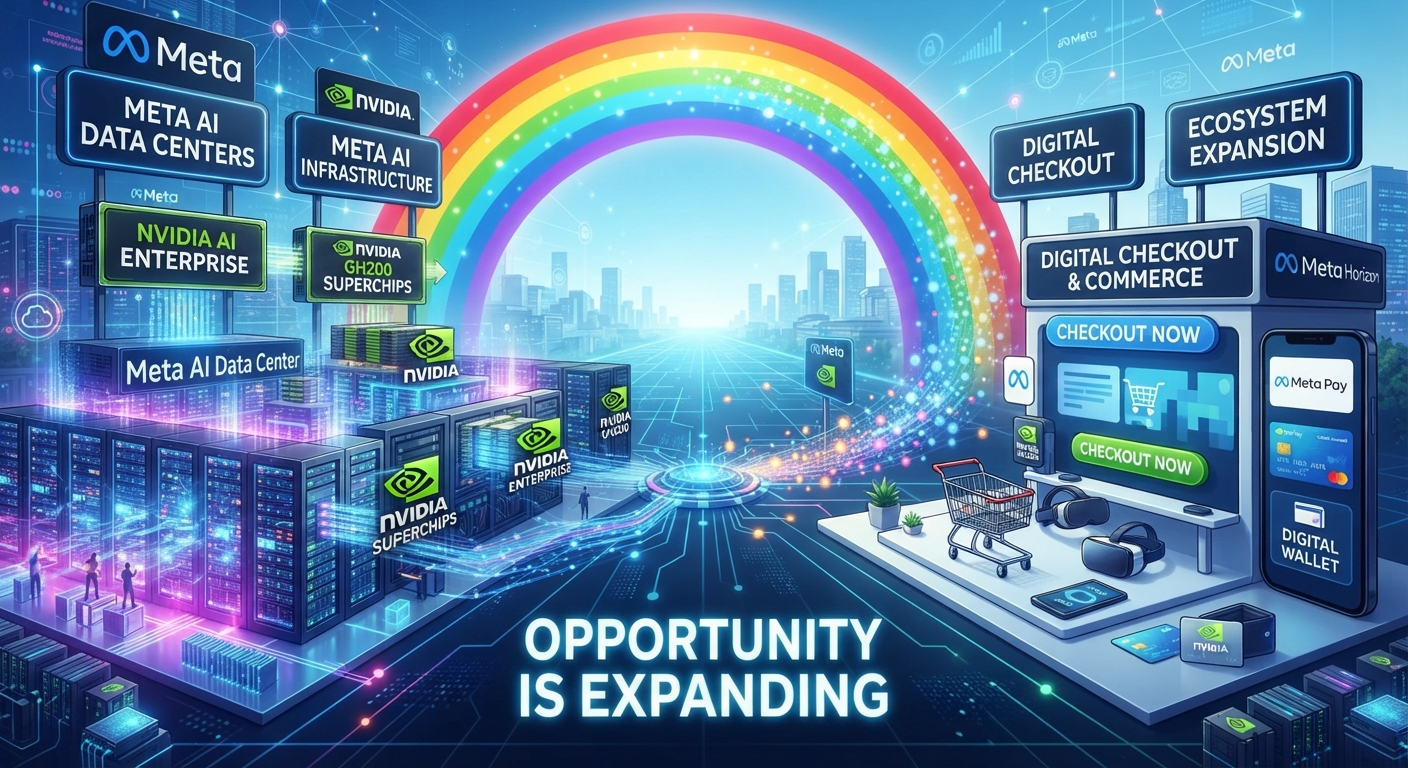 Illustration showing Meta Platforms (NASDAQ: META) AI data centers and NVIDIA Corp. (NASDAQ: NVDA) AI infrastructure connected by a rainbow-like digital pathway to an AI-powered online shopping and checkout ecosystem, symbolizing expanding AI investment opportunities.