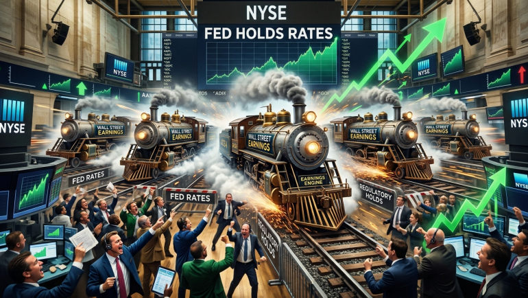Illustration of earnings-themed steam locomotives charging through the NYSE trading floor as traders cheer beneath a “Fed Holds Rates” sign and rising green arrows.
