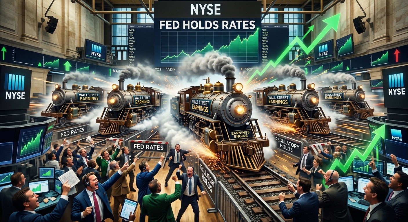 Illustration of earnings-themed steam locomotives charging through the NYSE trading floor as traders cheer beneath a “Fed Holds Rates” sign and rising green arrows.