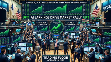 Illustrated NYSE trading floor with celebrating traders and rising green stock charts, depicting a market advance on October 28, 2026, as the Fed holds rates steady.