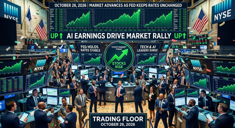 Illustrated NYSE trading floor with celebrating traders and rising green stock charts, depicting a market advance on October 28, 2026, as the Fed holds rates steady.