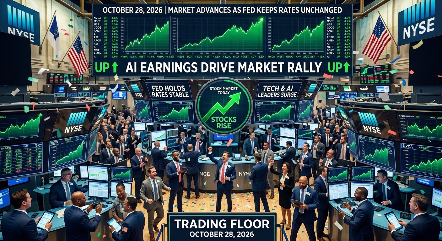 Illustrated NYSE trading floor with celebrating traders and rising green stock charts, depicting a market advance on October 28, 2026, as the Fed holds rates steady.