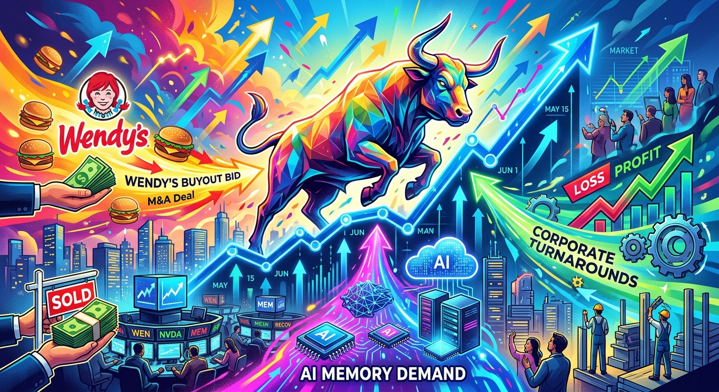 Colorful illustration of a charging bull, Wendy’s buyout bid, AI memory chips and corporate turnarounds, with rising arrows symbolizing stock market optimism.