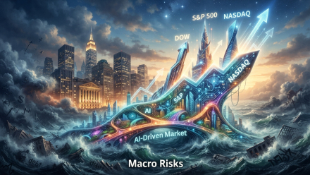 Surreal illustration of AI-powered arrows labeled Dow, S&P 500 and Nasdaq rising above stormy seas representing macroeconomic risks.
