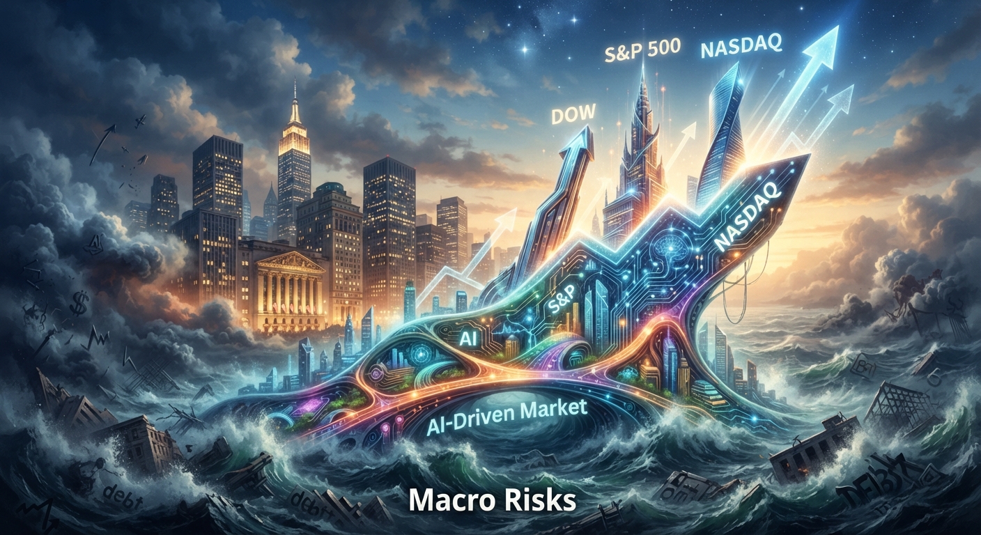 Surreal illustration of AI-powered arrows labeled Dow, S&P 500 and Nasdaq rising above stormy seas representing macroeconomic risks.