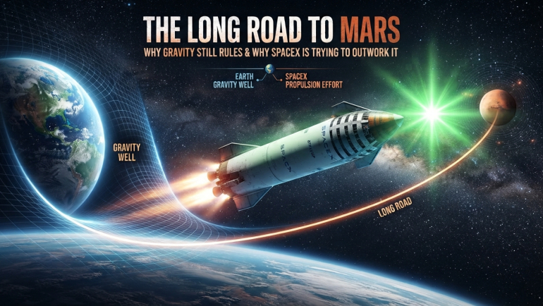 Illustration of a SpaceX-style rocket launching from Earth’s gravity well and traveling along a glowing trajectory toward Mars, representing reusable spaceflight, advanced propulsion and the long-term mission to reach the Red Planet.
