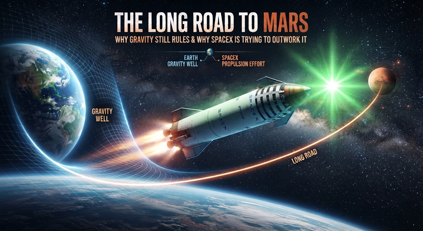 Illustration of a SpaceX-style rocket launching from Earth’s gravity well and traveling along a glowing trajectory toward Mars, representing reusable spaceflight, advanced propulsion and the long-term mission to reach the Red Planet.