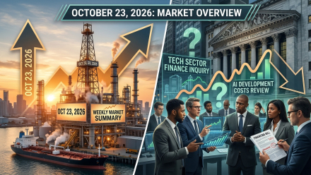 Illustration of rising oil prices and investors reviewing AI financing costs for the weekly market summary ending October 23, 2026.