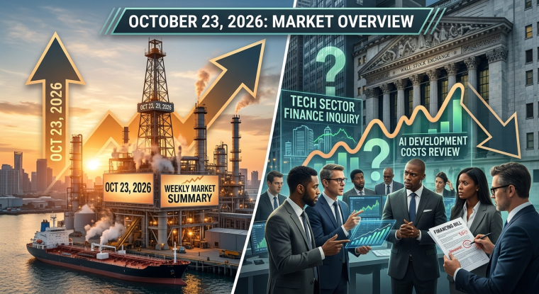 Illustration of rising oil prices and investors reviewing AI financing costs for the weekly market summary ending October 23, 2026.