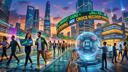 Futuristic city at sunset with ADT and Crocs branding, a glowing AI optics display, and market tickers highlighting gains, recovery and drugmaker demand.