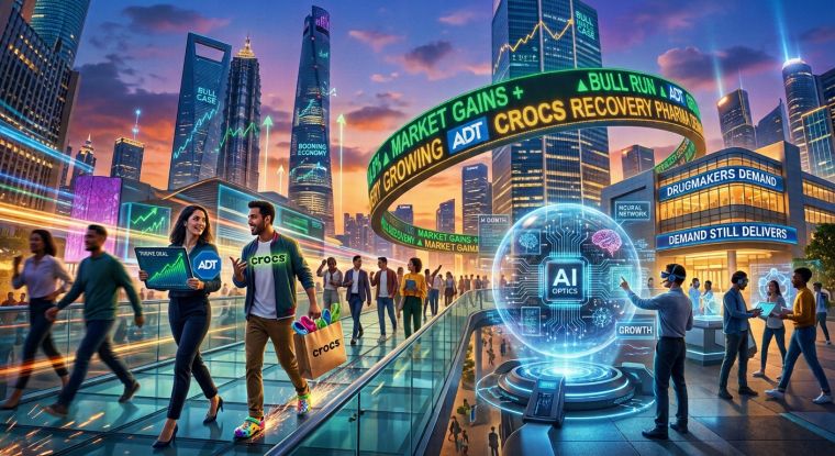 Futuristic city at sunset with ADT and Crocs branding, a glowing AI optics display, and market tickers highlighting gains, recovery and drugmaker demand.