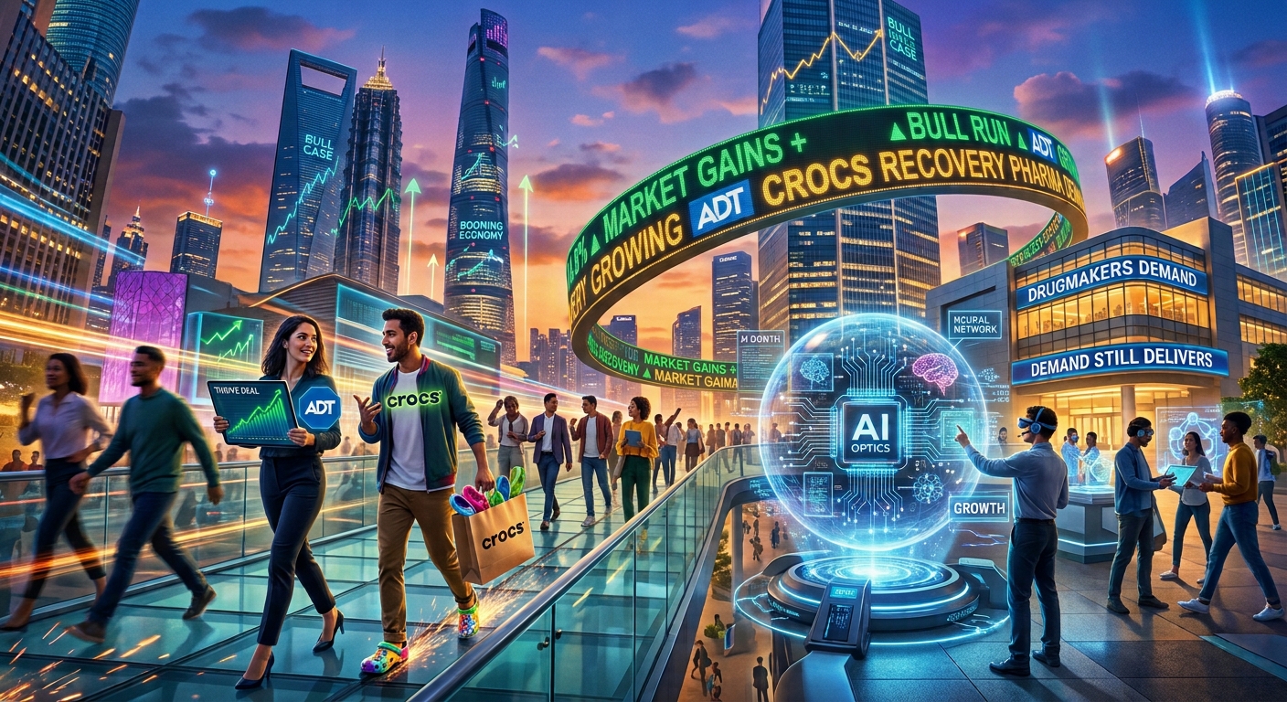 Futuristic city at sunset with ADT and Crocs branding, a glowing AI optics display, and market tickers highlighting gains, recovery and drugmaker demand.
