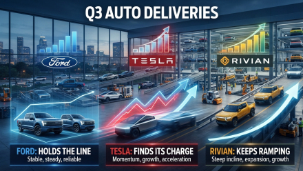 Illustration of Ford (NYSE: F), Tesla (NASDAQ: TSLA) and Rivian (NASDAQ: RIVN) factories and vehicles under the headline “Q3 Auto Deliveries,” with upward bar charts and arrows. Ford pickup trucks are labeled “Holds the Line,” Tesla is labeled “Finds Its Charge,” and Rivian is labeled “Keeps Ramping,” reflecting positive third-quarter vehicle delivery momentum.
