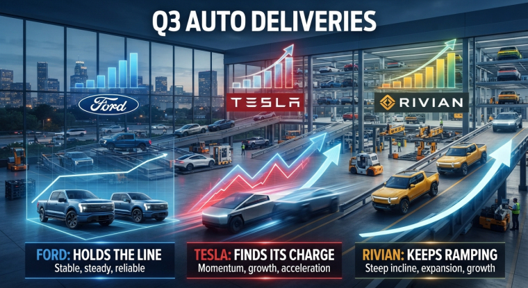 Illustration of Ford (NYSE: F), Tesla (NASDAQ: TSLA) and Rivian (NASDAQ: RIVN) factories and vehicles under the headline “Q3 Auto Deliveries,” with upward bar charts and arrows. Ford pickup trucks are labeled “Holds the Line,” Tesla is labeled “Finds Its Charge,” and Rivian is labeled “Keeps Ramping,” reflecting positive third-quarter vehicle delivery momentum.